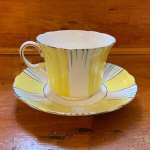 Vintage Heathcote China Yellow and White Striped Tea Cup and Saucer.